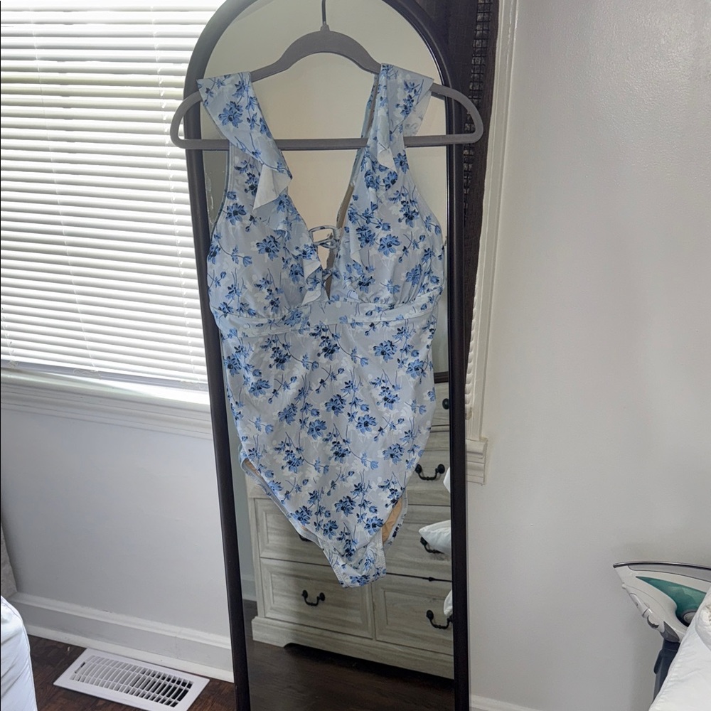 A Pea in the Pod Light Blue Floral Maternity Swim One-Piece